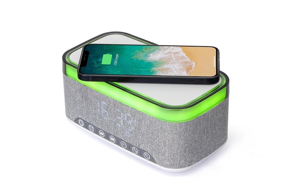 Zegar cyfrowy z funkcją budzika oraz bezprzewodowego ładowania Gembird DAC-SPKBT-QC15-GR szary