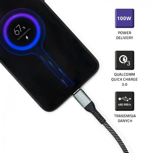 Kabel USB 2.0 typ C 100W PD QC 3.0 Qoltec 1,5 m czarno-biały