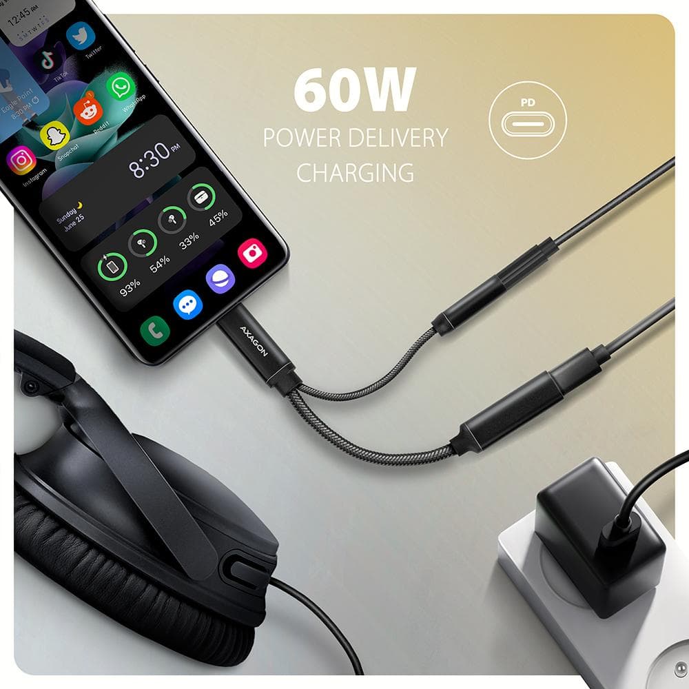 Karta dźwiękowa/Adapter dźwięku Axagon USB-C 384kHz/32-bit DAC 3,5 mm (F) Hi-Res, + USB-C PD 60W