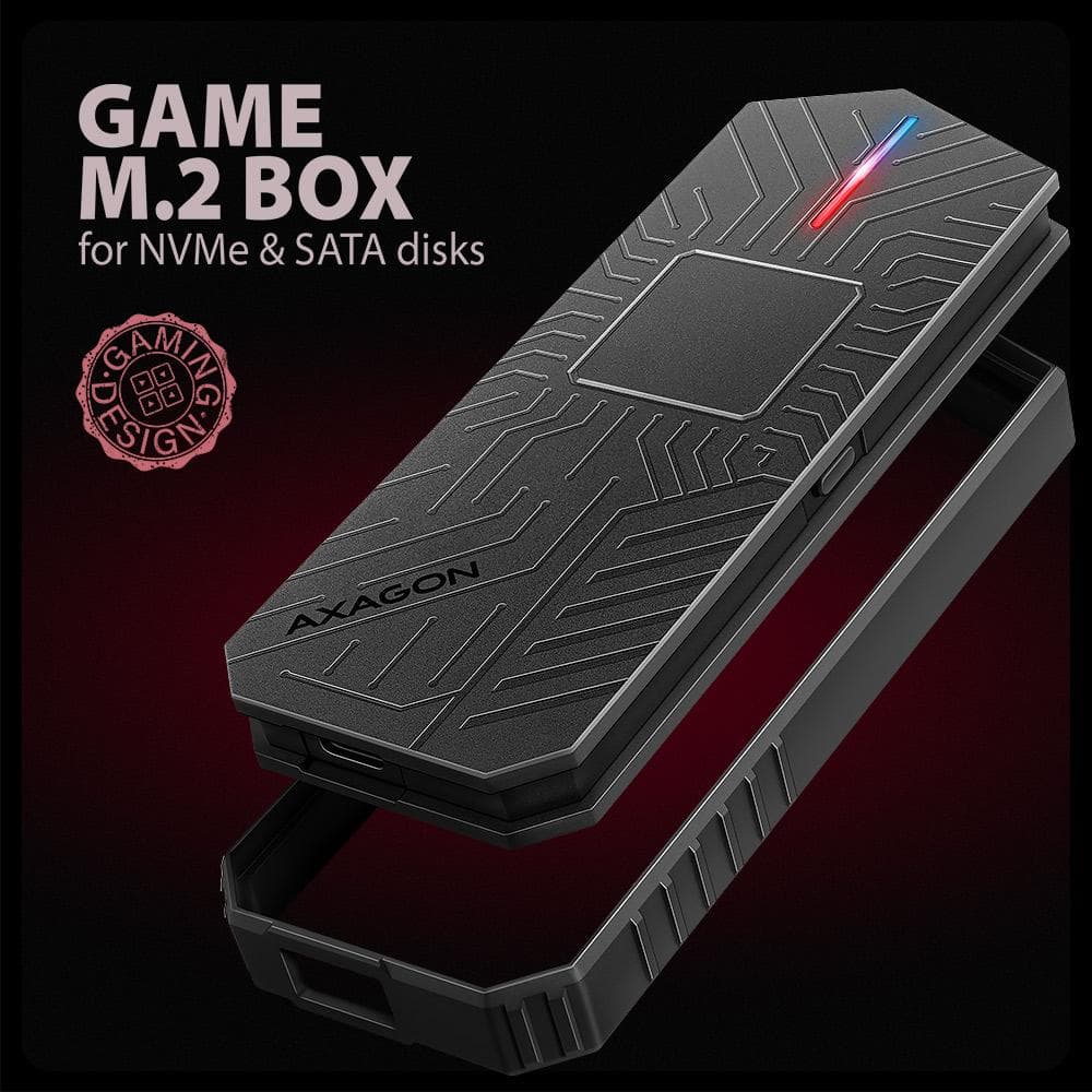 Obudowa zewnętrzna, gamingowa, aluminiowa Axagon do dysk&amp;oacute;w M.2 NVMe &amp;amp; SATA SSD / USB-C 3.2 G2  czarna