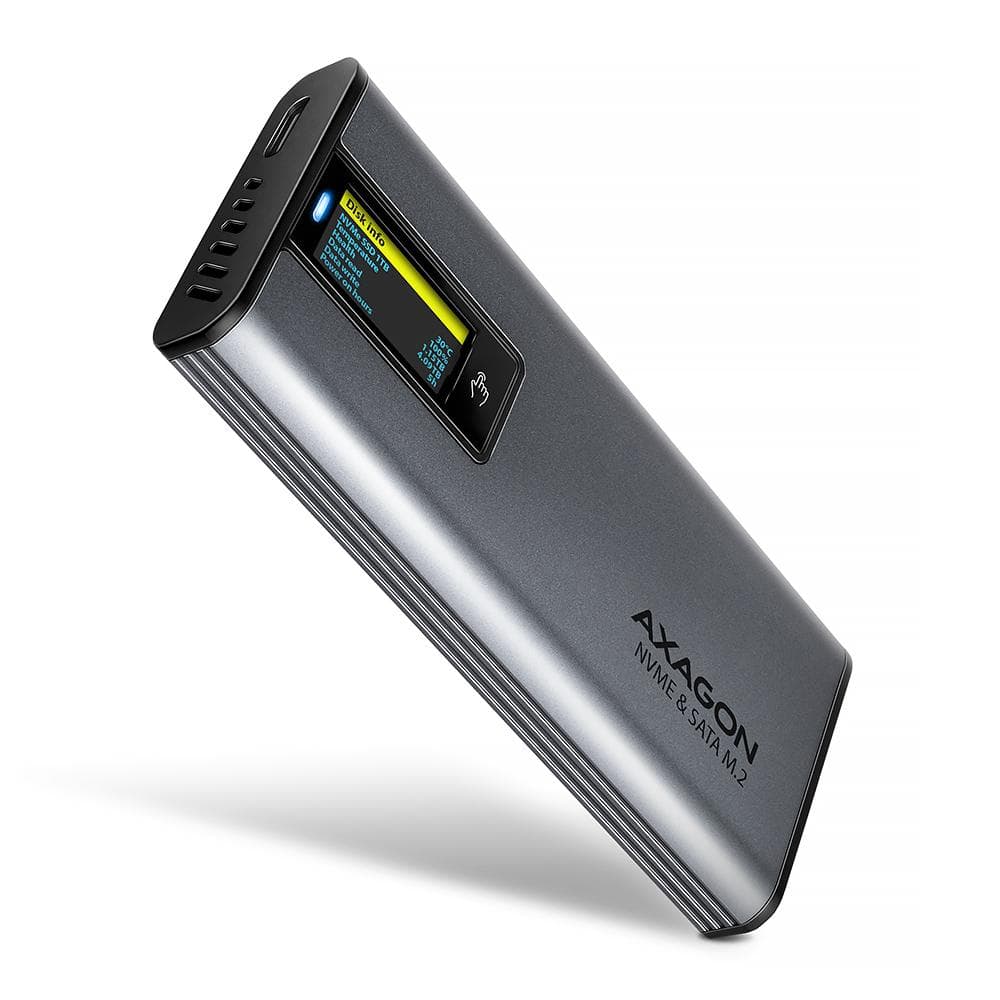 Obudowa zewnętrzna Axagon aluminiowa bezśrubowa, wyśw. LCD, do dysk&amp;oacute;w M.2 NVMe &amp;amp; SATA SSD/ USB-C 3.2 G2  szara