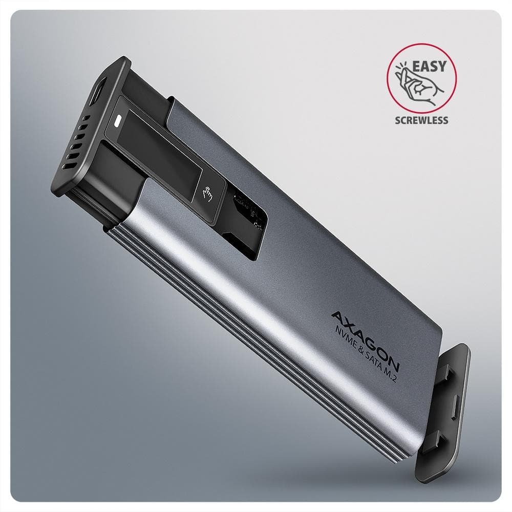 Obudowa zewnętrzna Axagon aluminiowa bezśrubowa, wyśw. LCD, do dysk&amp;oacute;w M.2 NVMe &amp;amp; SATA SSD/ USB-C 3.2 G2  szara
