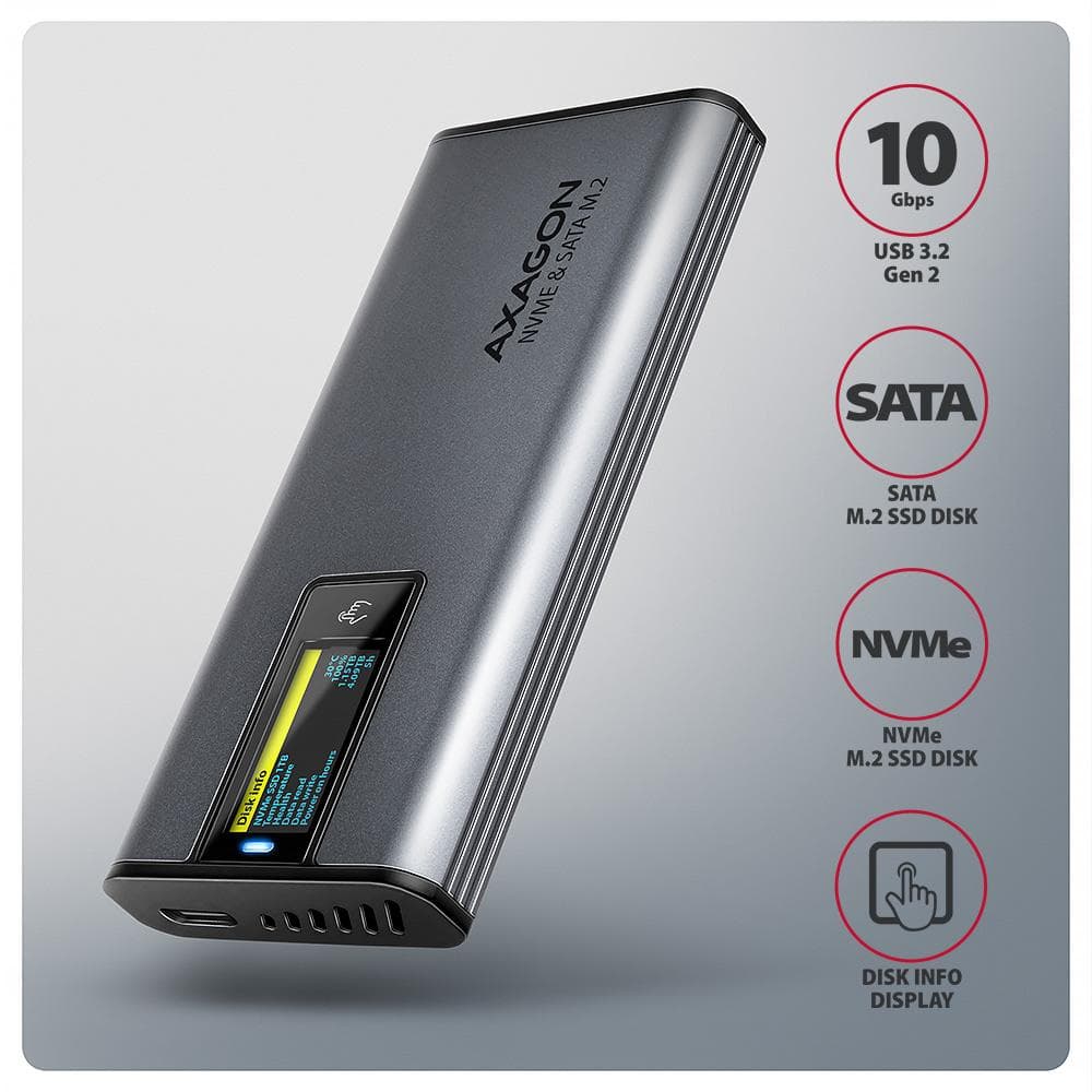 Obudowa zewnętrzna Axagon aluminiowa bezśrubowa, wyśw. LCD, do dysk&amp;oacute;w M.2 NVMe &amp;amp; SATA SSD/ USB-C 3.2 G2  szara