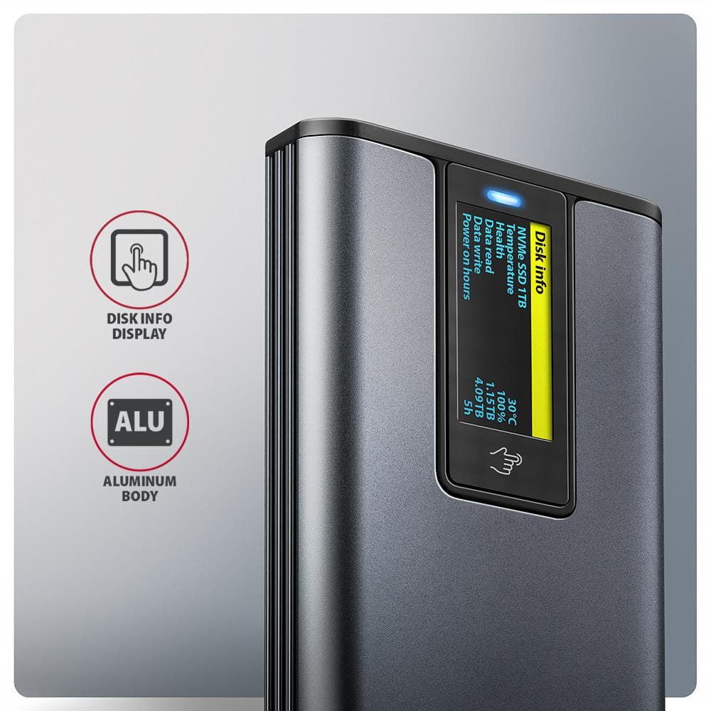 Obudowa zewnętrzna Axagon aluminiowa bezśrubowa, wyśw. LCD, do dysk&amp;oacute;w M.2 NVMe &amp;amp; SATA SSD/ USB-C 3.2 G2  szara