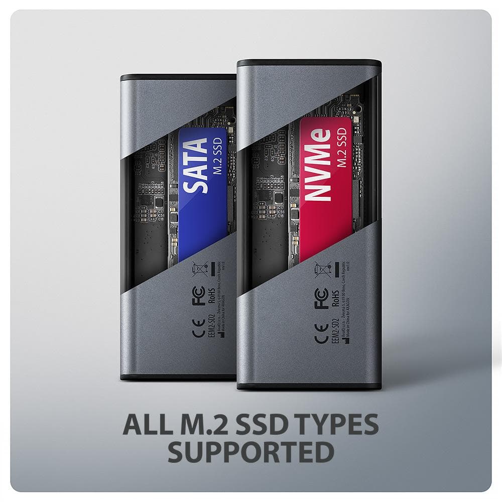 Obudowa zewnętrzna Axagon aluminiowa bezśrubowa, wyśw. LCD, do dysk&amp;oacute;w M.2 NVMe &amp;amp; SATA SSD/ USB-C 3.2 G2  szara