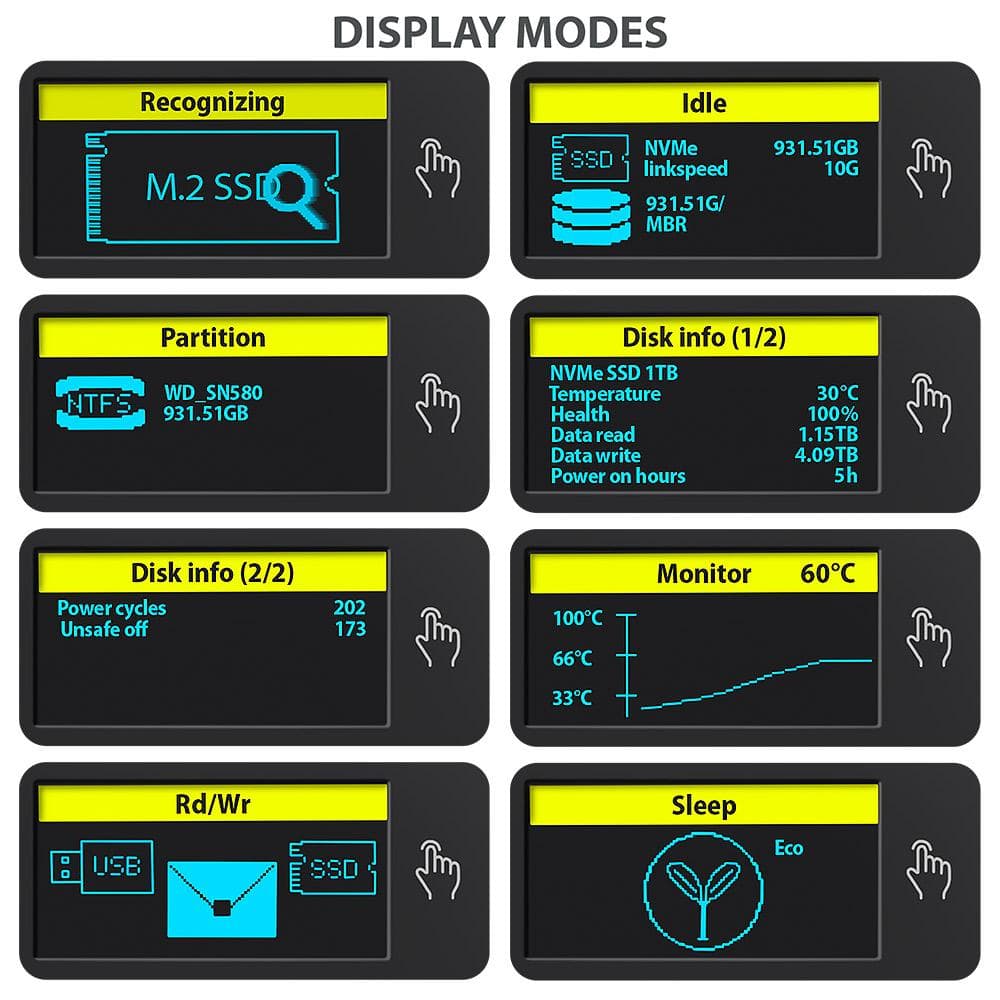 Obudowa zewnętrzna Axagon aluminiowa bezśrubowa, wyśw. LCD, do dysk&amp;oacute;w M.2 NVMe &amp;amp; SATA SSD/ USB-C 3.2 G2  szara
