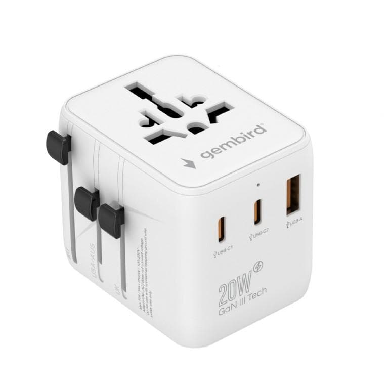 Uniwersalny adapter zasilania Gembird TPA-1A2C20-01-W z ładowarką 2x USB-C, 1x USB-A, 20W Gan biały