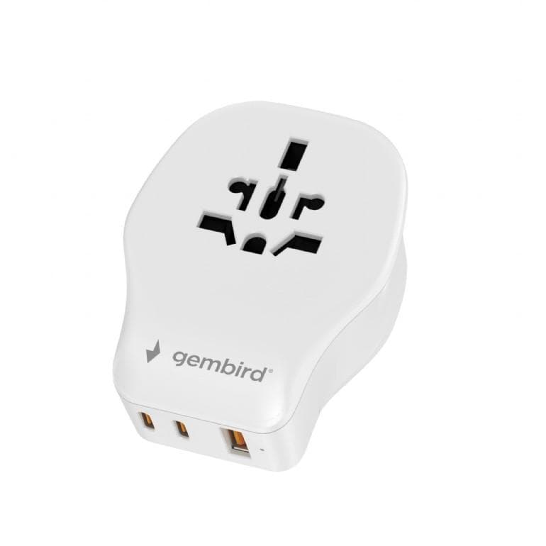 Uniwersalny adapter zasilania Gembird TPA-1A2C20-02-W z ładowarką 2x USB-C, 1x USB-A, 20W Gan biały