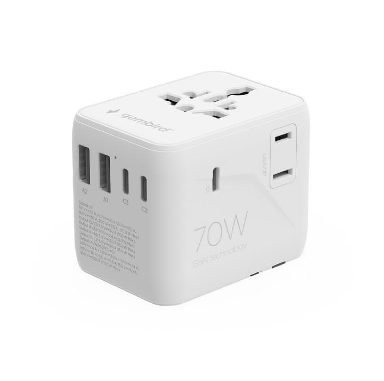 Uniwersalny adapter zasilania Gembird TPA-2A3C70-01-W z ładowarką 3x USB-C, 2x USB-A, 70W, GaN, biały