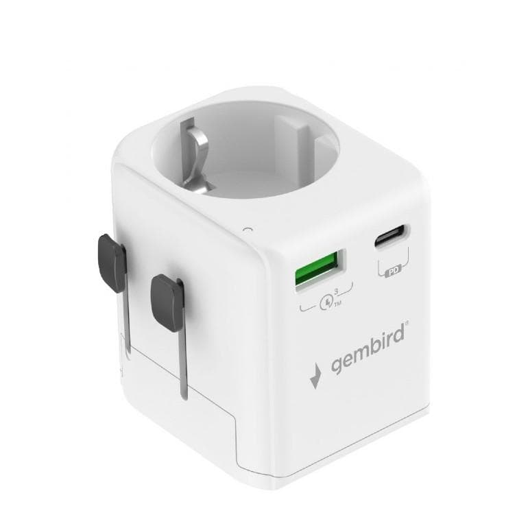 Adapter zasilania Gembird gniazdo EU - wtyk World z ładowarką 1 x USB-C, 1 x USB-A, 20W, GaN, biały
